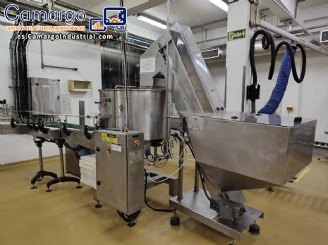 Línea completa de embotellado con máquina de llenado, etiquetado, tapado, posicionamiento de tapas y elevador de botellas de Nelpas Fujinox.